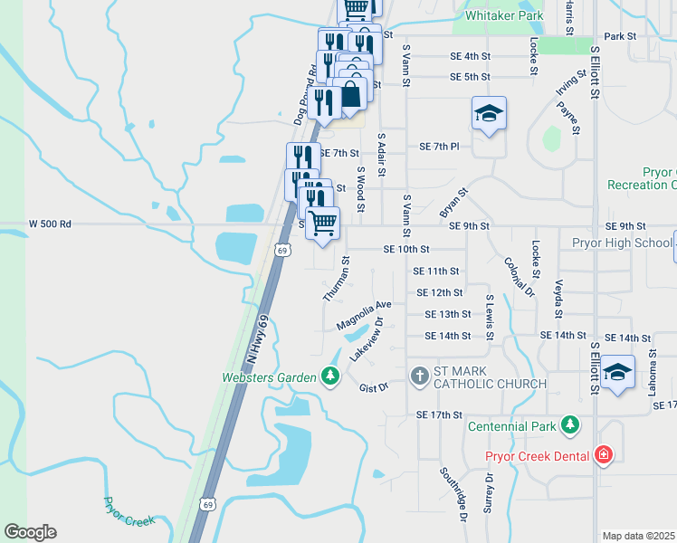 map of restaurants, bars, coffee shops, grocery stores, and more near 1016 Thurman Street in Pryor