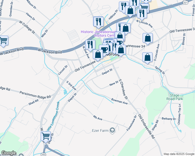 map of restaurants, bars, coffee shops, grocery stores, and more near 241 Depot Street in Jonesborough