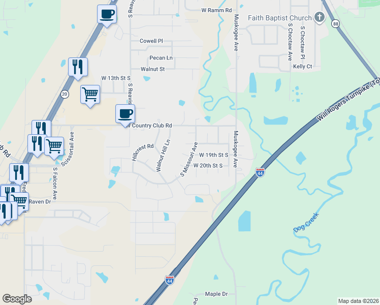 map of restaurants, bars, coffee shops, grocery stores, and more near 1803 South Missouri Avenue in Claremore