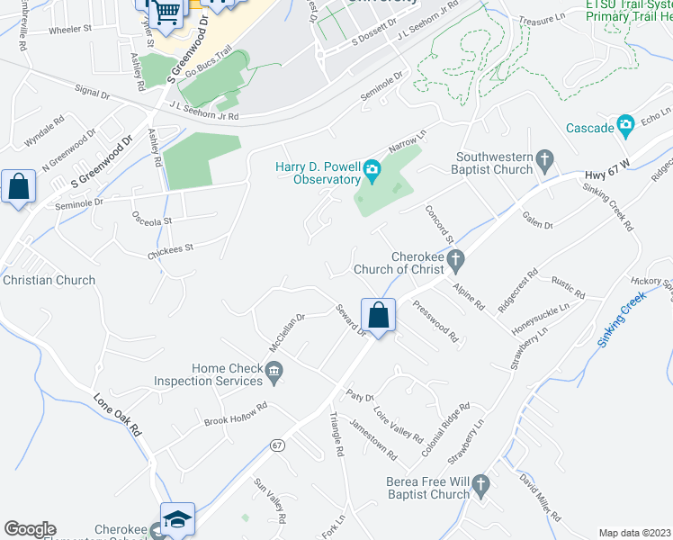 map of restaurants, bars, coffee shops, grocery stores, and more near 1 Perry Circle in Johnson City