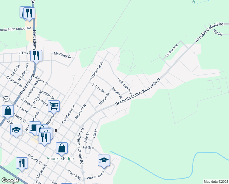 map of restaurants, bars, coffee shops, grocery stores, and more near 526 Snipes Street in Ahoskie