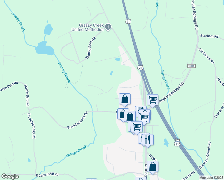 map of restaurants, bars, coffee shops, grocery stores, and more near 299 Grassy Creek Drive in State Road