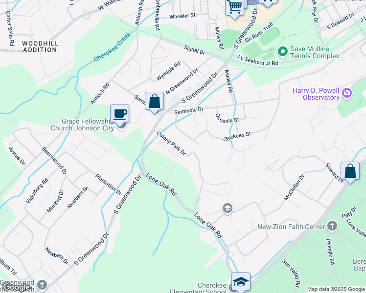 map of restaurants, bars, coffee shops, grocery stores, and more near 1415 Colony Park Drive in Johnson City