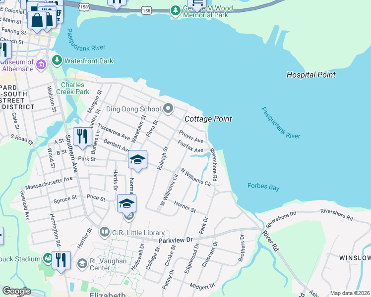 map of restaurants, bars, coffee shops, grocery stores, and more near 1211 Fairfax Avenue in Elizabeth City