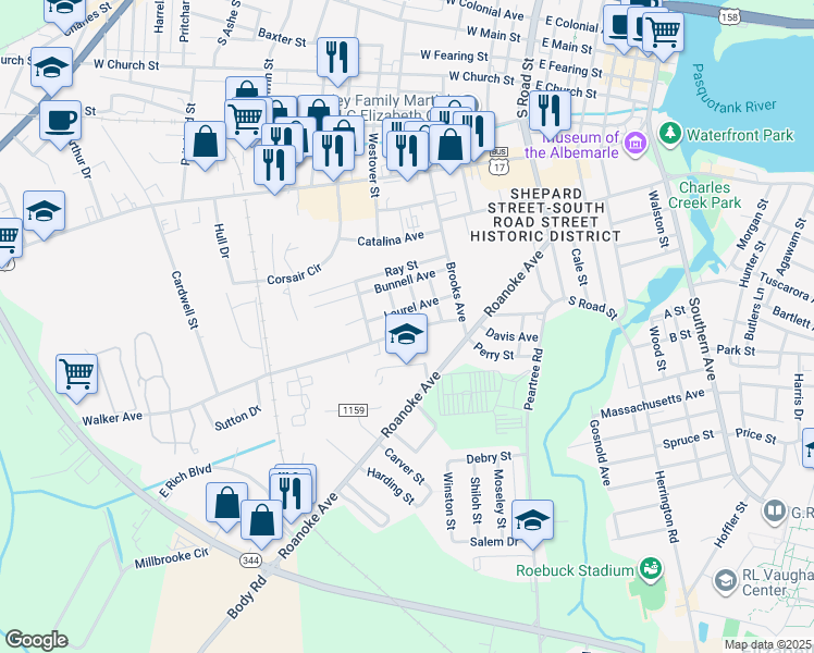 map of restaurants, bars, coffee shops, grocery stores, and more near 808 Jefferson Street in Elizabeth City