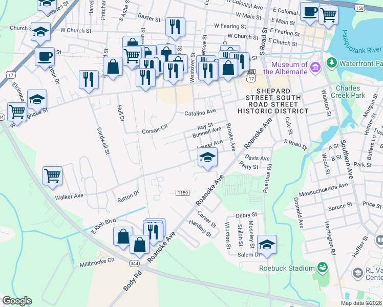 map of restaurants, bars, coffee shops, grocery stores, and more near 800 Madison Avenue in Elizabeth City