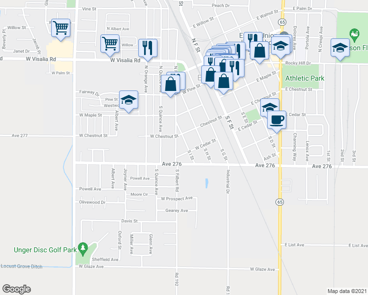 map of restaurants, bars, coffee shops, grocery stores, and more near 346 South I Street in Exeter