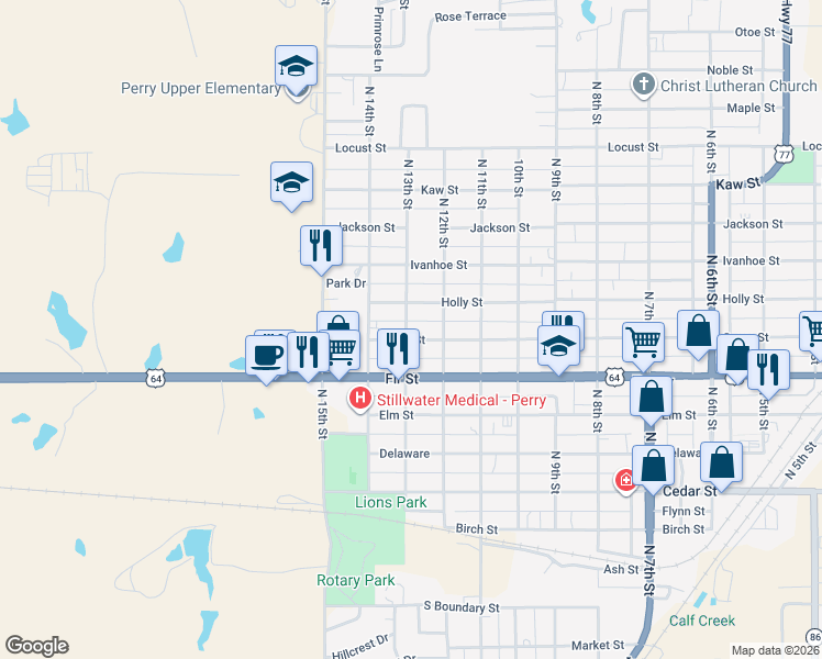 map of restaurants, bars, coffee shops, grocery stores, and more near 1221 Grove Street in Perry