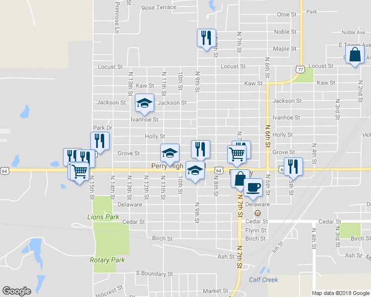 map of restaurants, bars, coffee shops, grocery stores, and more near 921 Grove Street in Perry