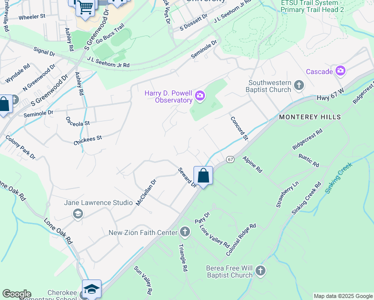 map of restaurants, bars, coffee shops, grocery stores, and more near 1700 Buccaneer Drive in Johnson City
