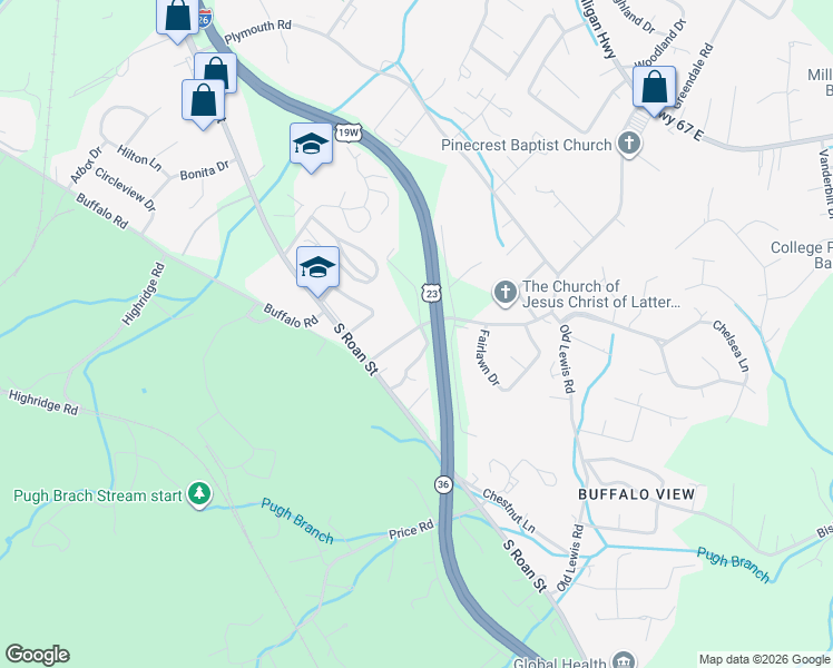 map of restaurants, bars, coffee shops, grocery stores, and more near 132 Mayflower Road in Johnson City