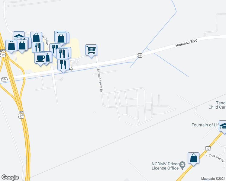 map of restaurants, bars, coffee shops, grocery stores, and more near 3802 Union Street in Elizabeth City