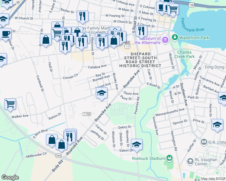 map of restaurants, bars, coffee shops, grocery stores, and more near 505 Walker Avenue in Elizabeth City