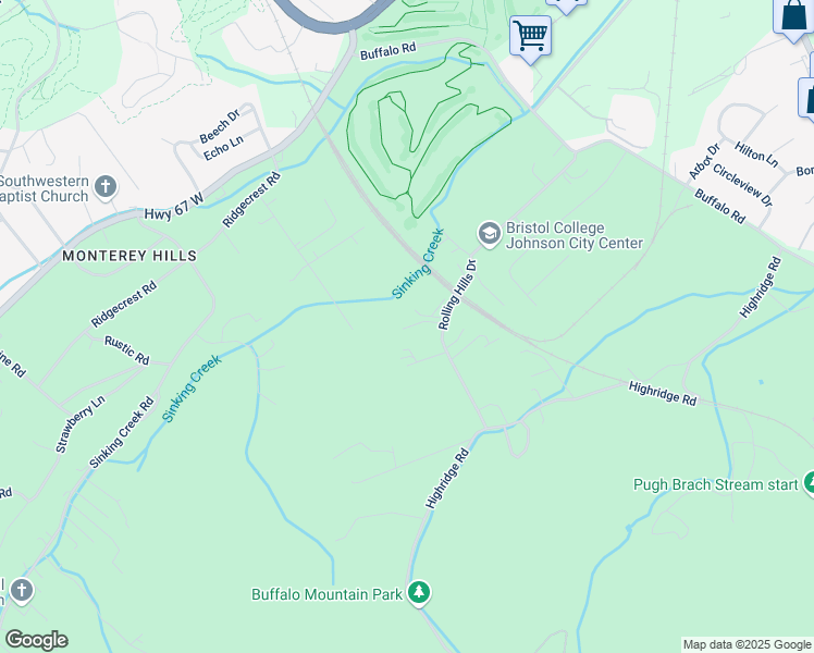 map of restaurants, bars, coffee shops, grocery stores, and more near 824 Rolling Hills Drive in Johnson City