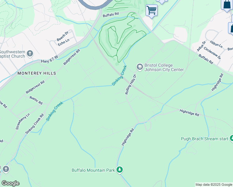 map of restaurants, bars, coffee shops, grocery stores, and more near 824 Rolling Hills Drive in Johnson City