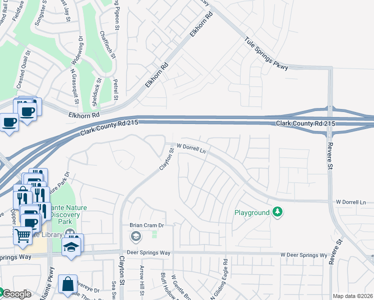 map of restaurants, bars, coffee shops, grocery stores, and more near 1638 Dire Wolf Avenue in North Las Vegas