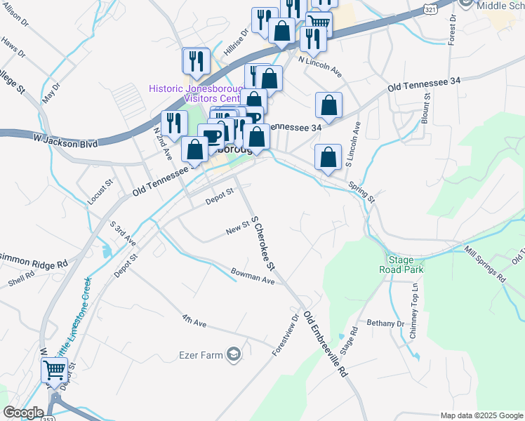 map of restaurants, bars, coffee shops, grocery stores, and more near 319 South Cherokee Street in Jonesborough