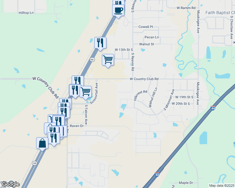 map of restaurants, bars, coffee shops, grocery stores, and more near 1409 South Reavis Road in Claremore