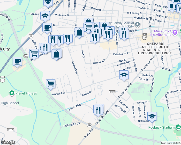 map of restaurants, bars, coffee shops, grocery stores, and more near 201a Renaissance Drive in Elizabeth City
