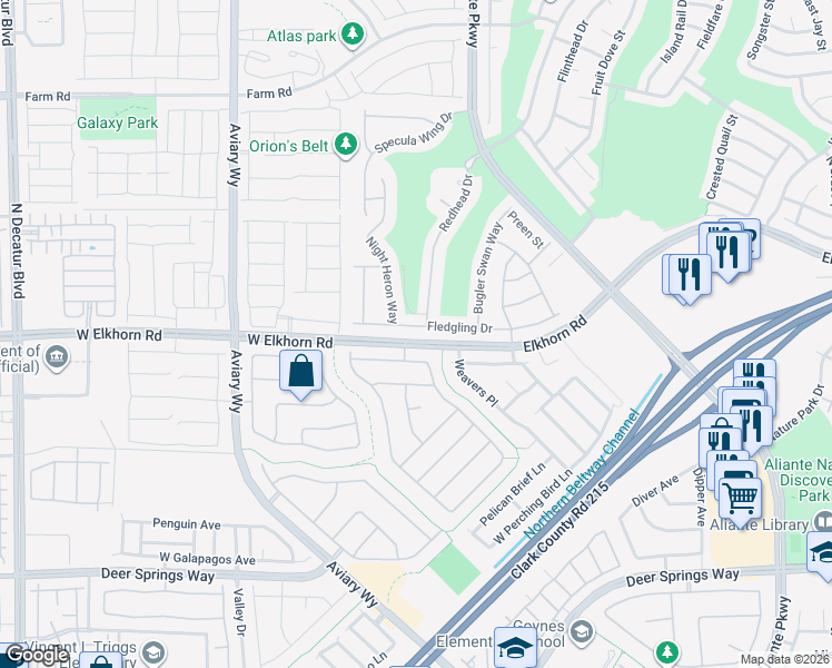 map of restaurants, bars, coffee shops, grocery stores, and more near 3805 Fledgling Drive in North Las Vegas