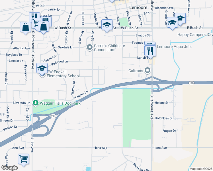 map of restaurants, bars, coffee shops, grocery stores, and more near Highway 198 in Lemoore