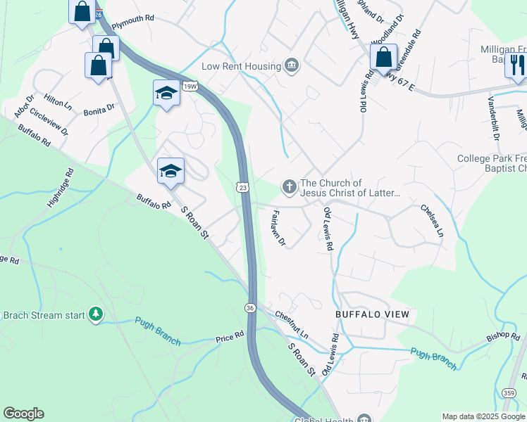 map of restaurants, bars, coffee shops, grocery stores, and more near 104 Fairlawn Drive in Johnson City