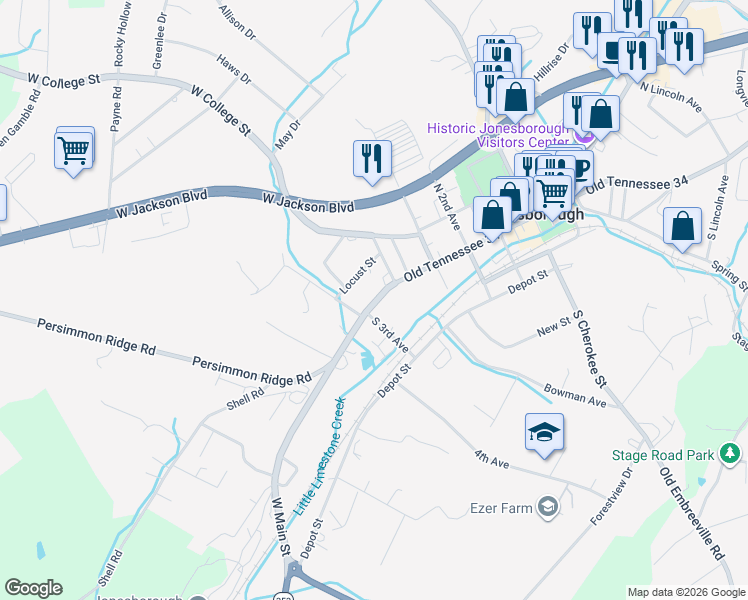 map of restaurants, bars, coffee shops, grocery stores, and more near 513 Tennessee 81 in Jonesborough