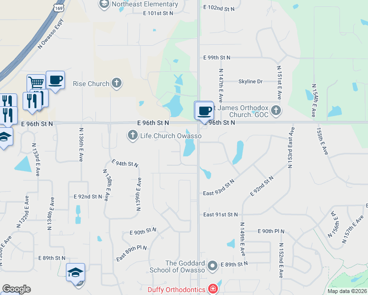 map of restaurants, bars, coffee shops, grocery stores, and more near 14420 East 95th Place North in Owasso