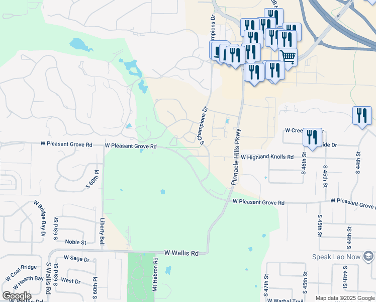 map of restaurants, bars, coffee shops, grocery stores, and more near 8415 West Pleasant Grove Road in Rogers