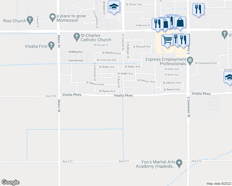 map of restaurants, bars, coffee shops, grocery stores, and more near 4641 West Reese Avenue in Visalia