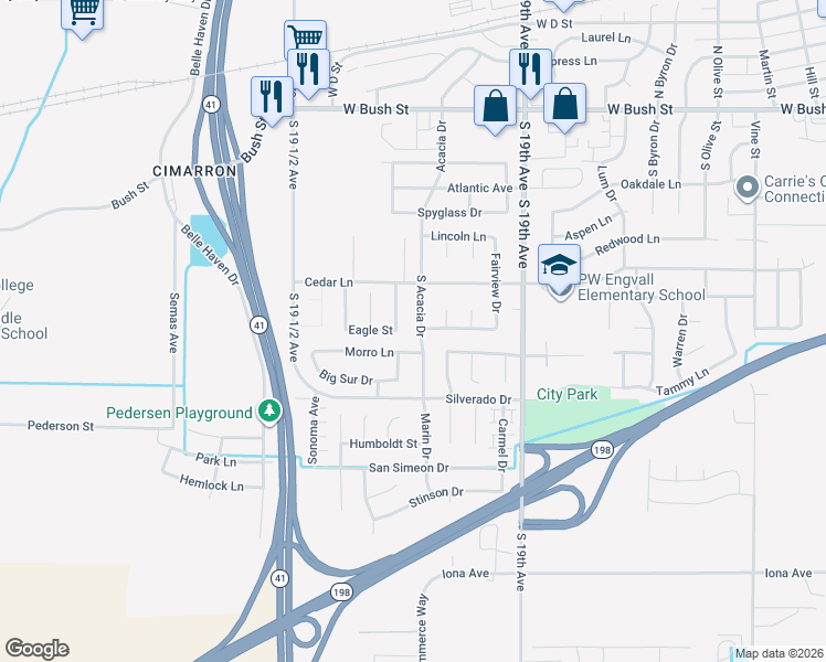 map of restaurants, bars, coffee shops, grocery stores, and more near 1536 Morro Lane in Lemoore