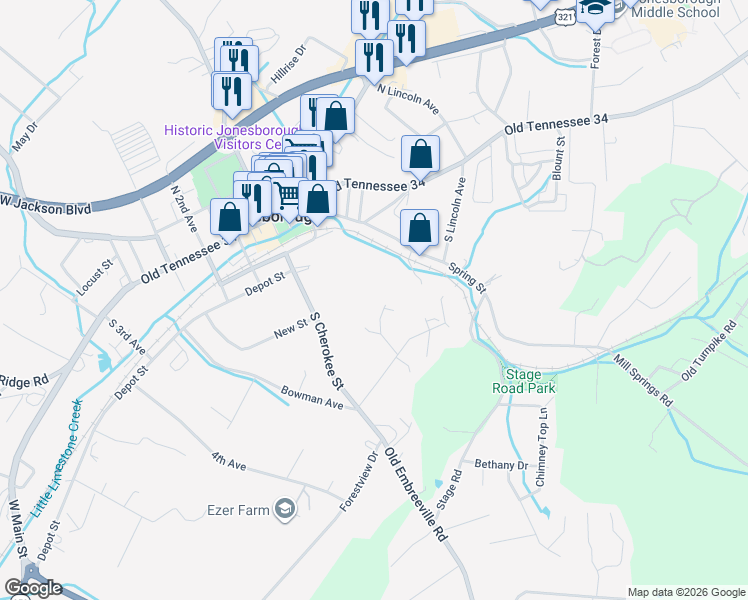 map of restaurants, bars, coffee shops, grocery stores, and more near 505 Duel Lane in Jonesborough