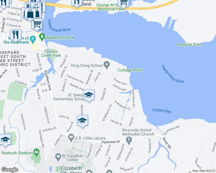 map of restaurants, bars, coffee shops, grocery stores, and more near 904 Raleigh Street in Elizabeth City