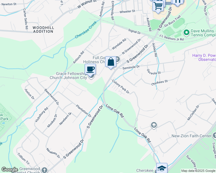 map of restaurants, bars, coffee shops, grocery stores, and more near 2305-2399 South Greenwood Drive in Johnson City