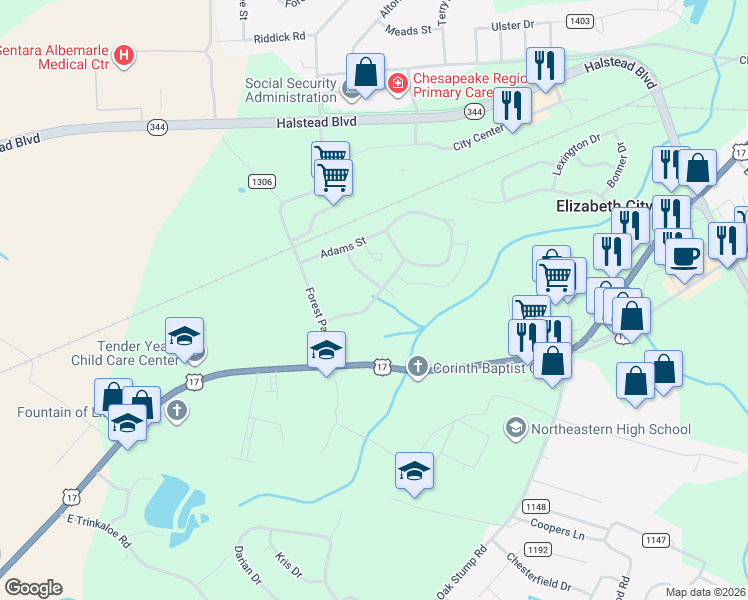 map of restaurants, bars, coffee shops, grocery stores, and more near South Adams Landing Road in Elizabeth City