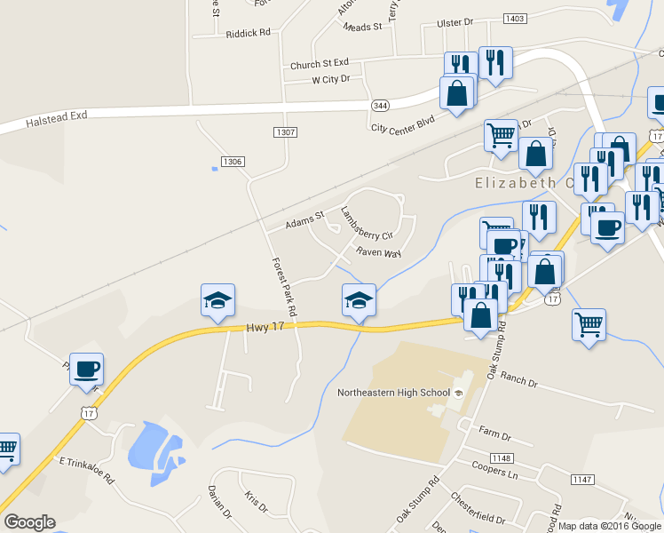 map of restaurants, bars, coffee shops, grocery stores, and more near South Adams Landing Road in Elizabeth City