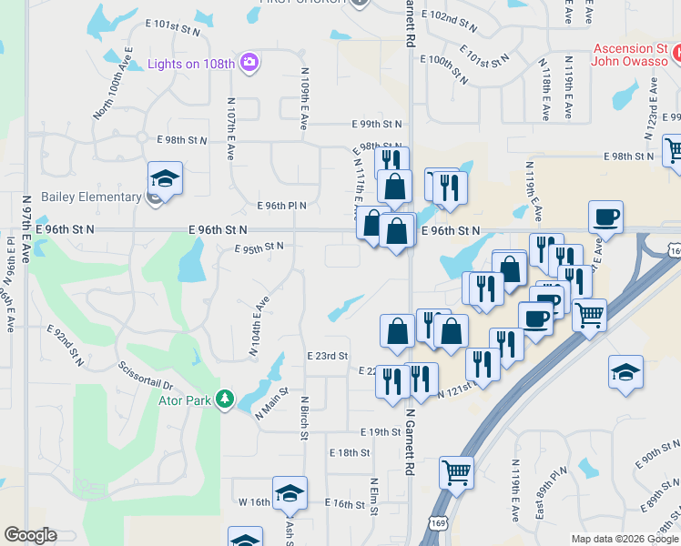 map of restaurants, bars, coffee shops, grocery stores, and more near 10906 East 95th Street North in Owasso