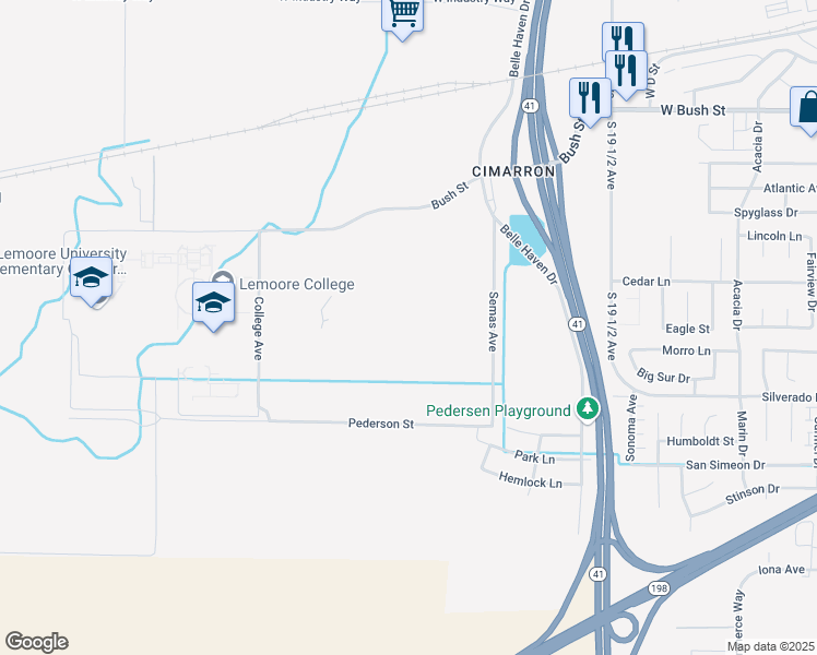 map of restaurants, bars, coffee shops, grocery stores, and more near Semas Avenue in Lemoore