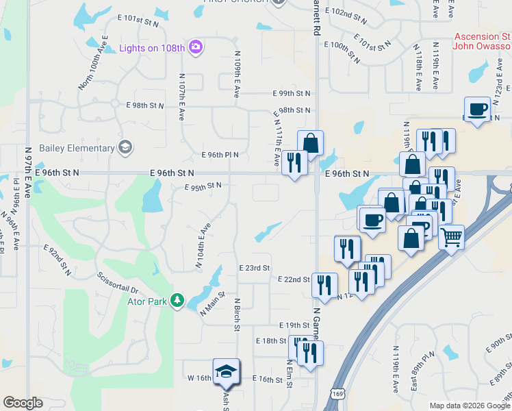 map of restaurants, bars, coffee shops, grocery stores, and more near 10906 East 95th Street North in Owasso