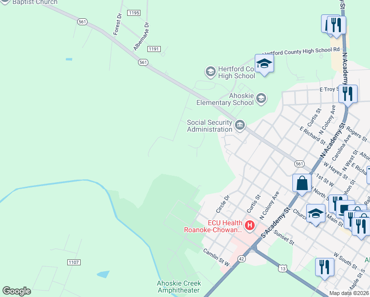map of restaurants, bars, coffee shops, grocery stores, and more near 109 Pinewood Drive in Ahoskie