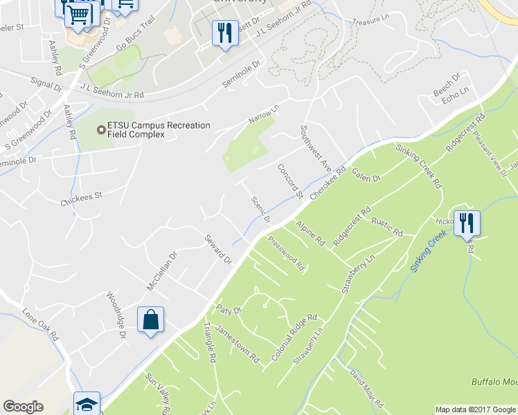 map of restaurants, bars, coffee shops, grocery stores, and more near 1510 Cherokee Road in Johnson City