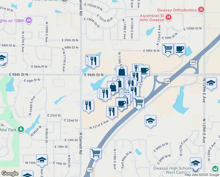 map of restaurants, bars, coffee shops, grocery stores, and more near 9018 North 121st East Avenue in Owasso