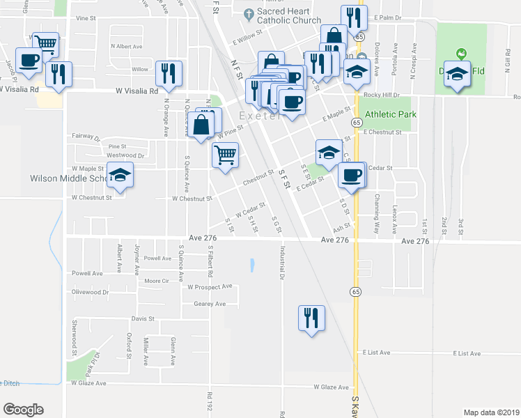 map of restaurants, bars, coffee shops, grocery stores, and more near 204 West Cedar Street in Exeter