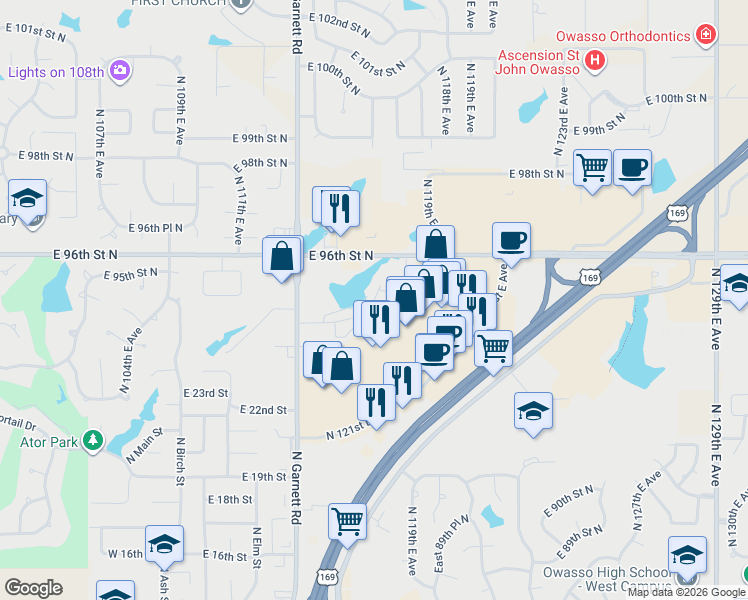 map of restaurants, bars, coffee shops, grocery stores, and more near 9018 North 121st East Avenue in Owasso