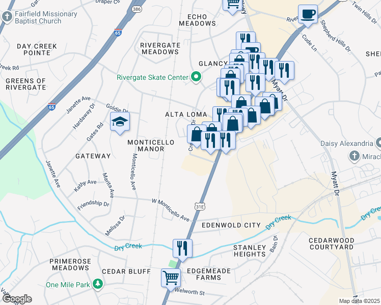 map of restaurants, bars, coffee shops, grocery stores, and more near 500 Crestview Drive in Nashville
