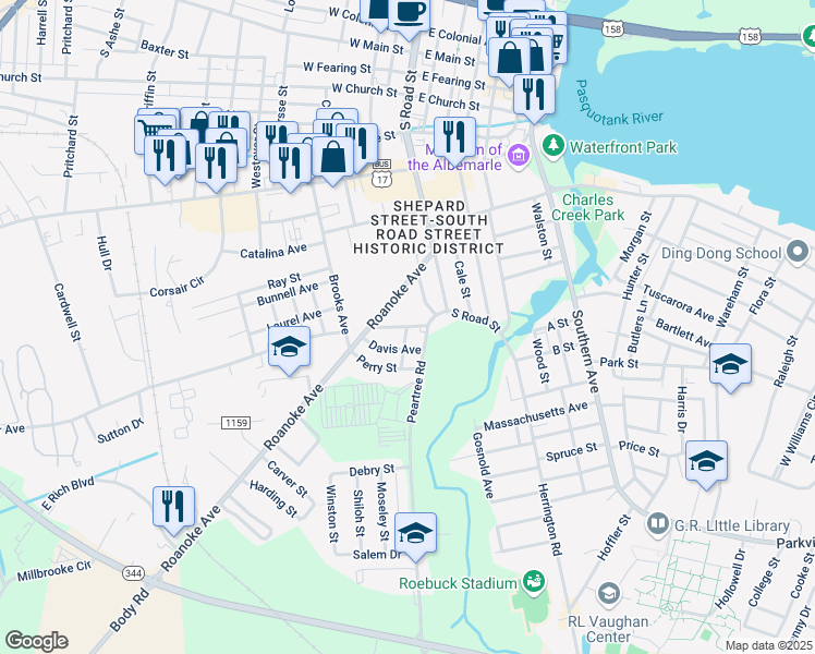 map of restaurants, bars, coffee shops, grocery stores, and more near 1000 Jordan Street in Elizabeth City