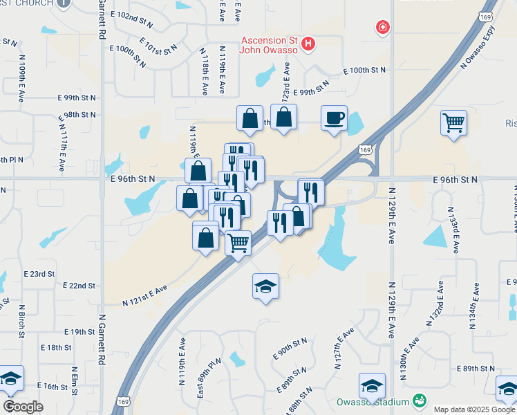 map of restaurants, bars, coffee shops, grocery stores, and more near 9540 North 121st East Avenue in Owasso