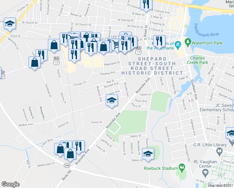 map of restaurants, bars, coffee shops, grocery stores, and more near 802 Adams Street in Elizabeth City