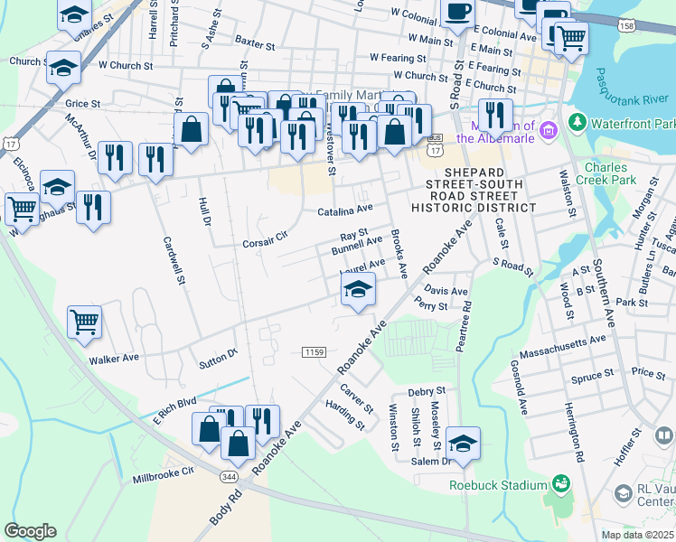map of restaurants, bars, coffee shops, grocery stores, and more near 704 Laurel Avenue in Elizabeth City