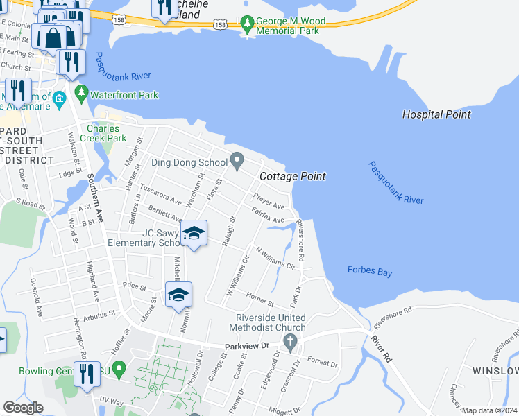 map of restaurants, bars, coffee shops, grocery stores, and more near 1206 Fairfax Avenue in Elizabeth City